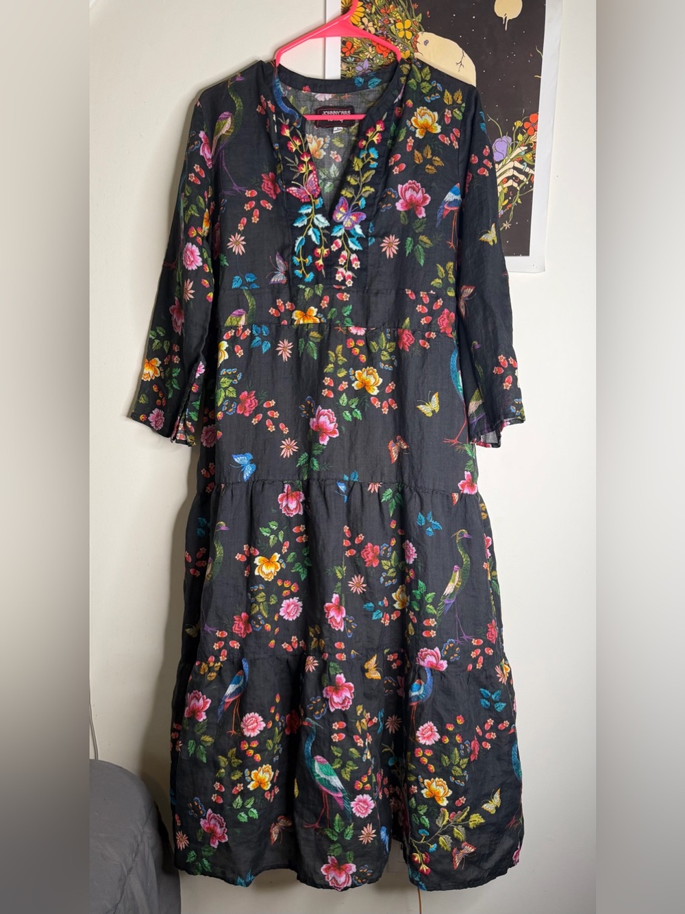 Johnny Was Workshop Boho Black Floral & Bird Maxi Dress with Multicolor Print - Picture 4 of 7